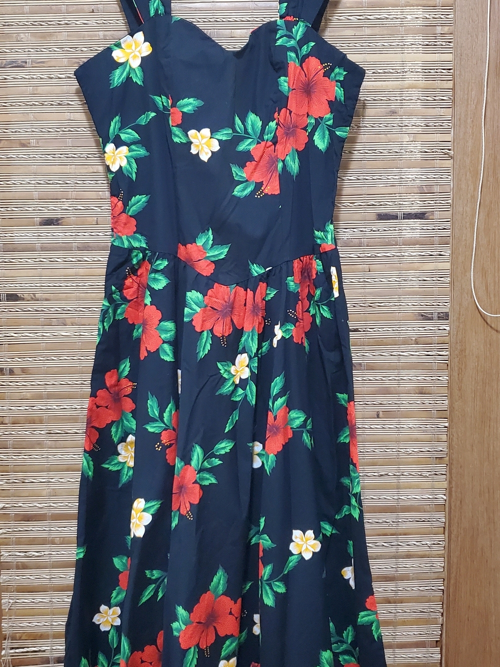 Vintage Hawaiian Black Floral Sundress with Red & Green Hibiscus Print